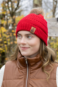 Scarlet Ribbed Beanie with Pom